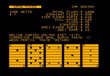 Draw Poker 80 game screenshot for Commodore PET